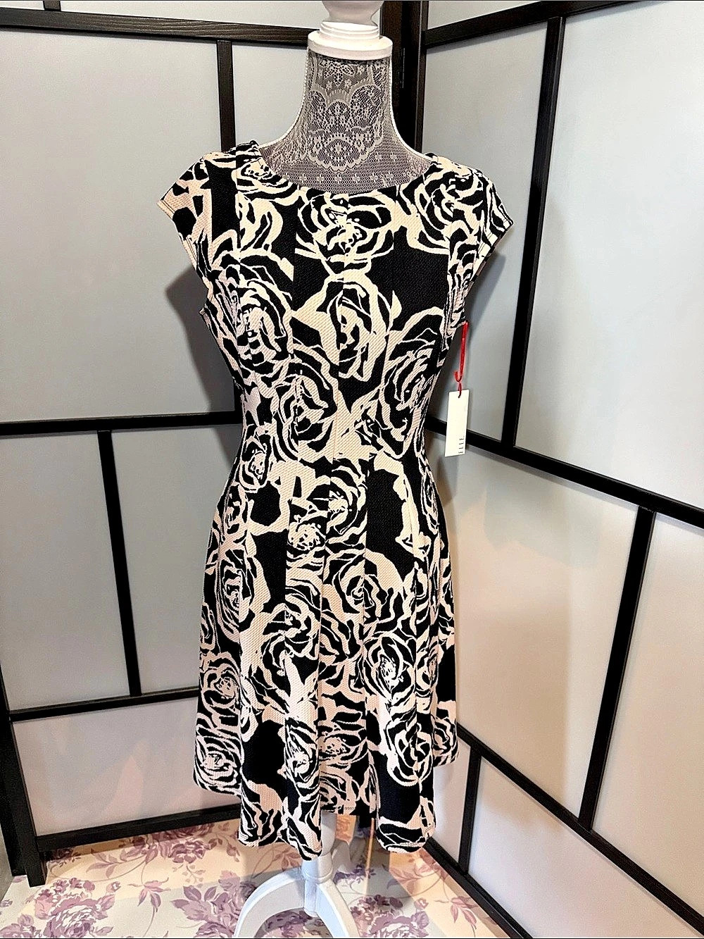ELLE Floral Midi Dress in Black & Pink Like New